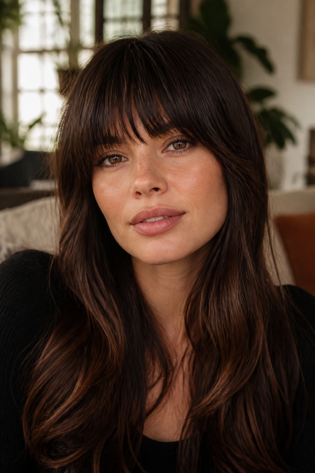 Close-up portrait of a person with rounded full fringe