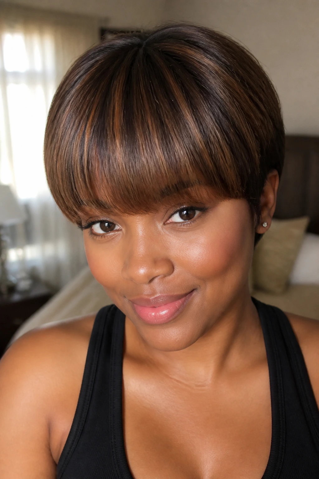 Close-up of a real woman with rounded full fringe and honey-brown lowlights in short natural hair