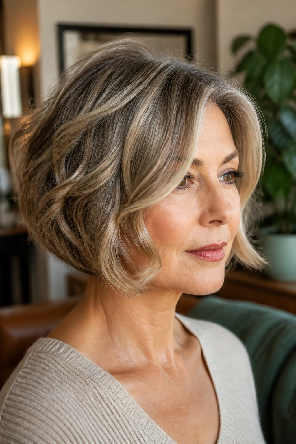 Real woman with rounded graduated bob in soft natural light