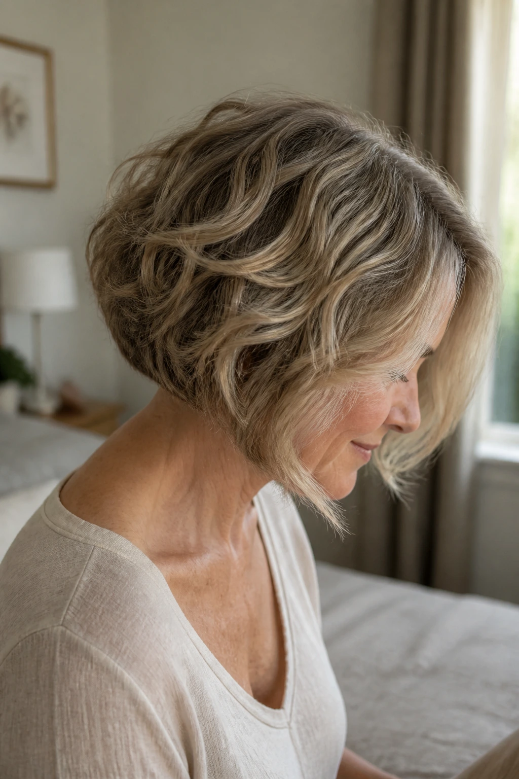 Close-up of a real woman with a rounded graduated bob on wavy hair