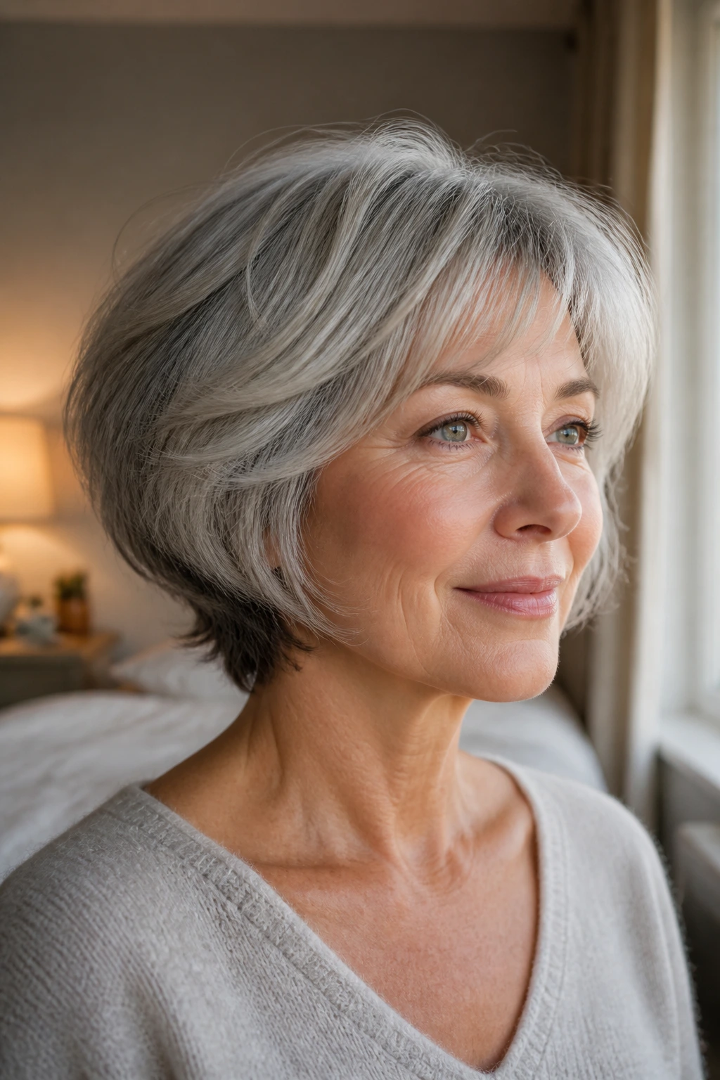 Close-up portrait of a real woman with rounded gray crop and feathered neckline