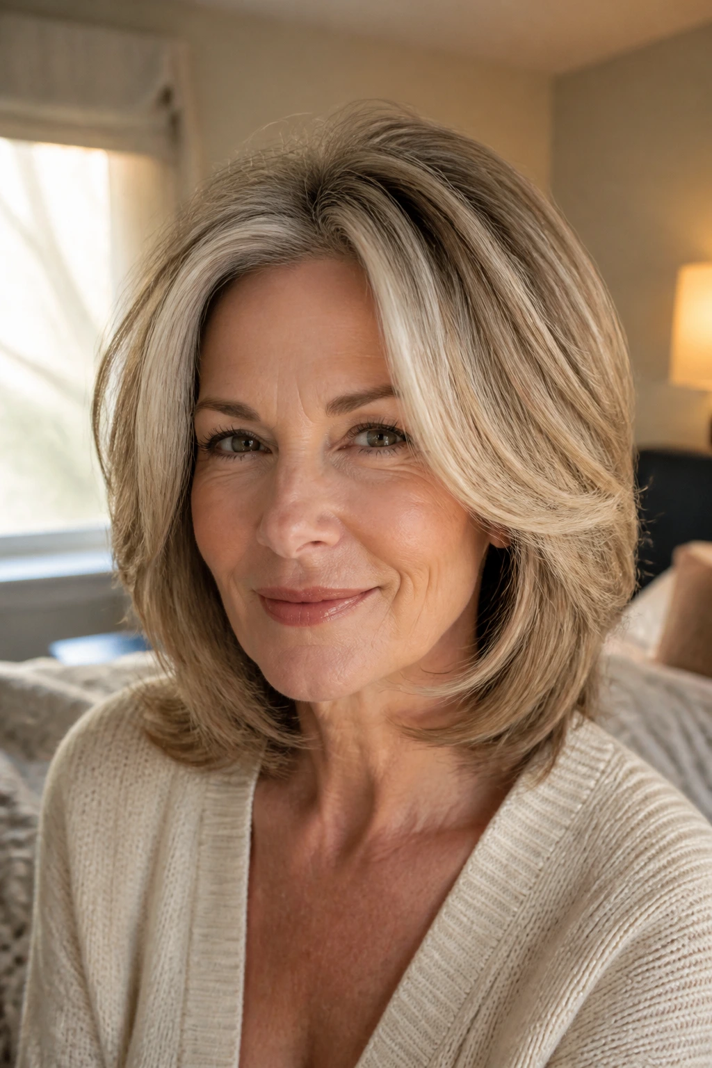 Close-up of a real woman with rounded crown-volume haircut, shoulder-length waves framing the face