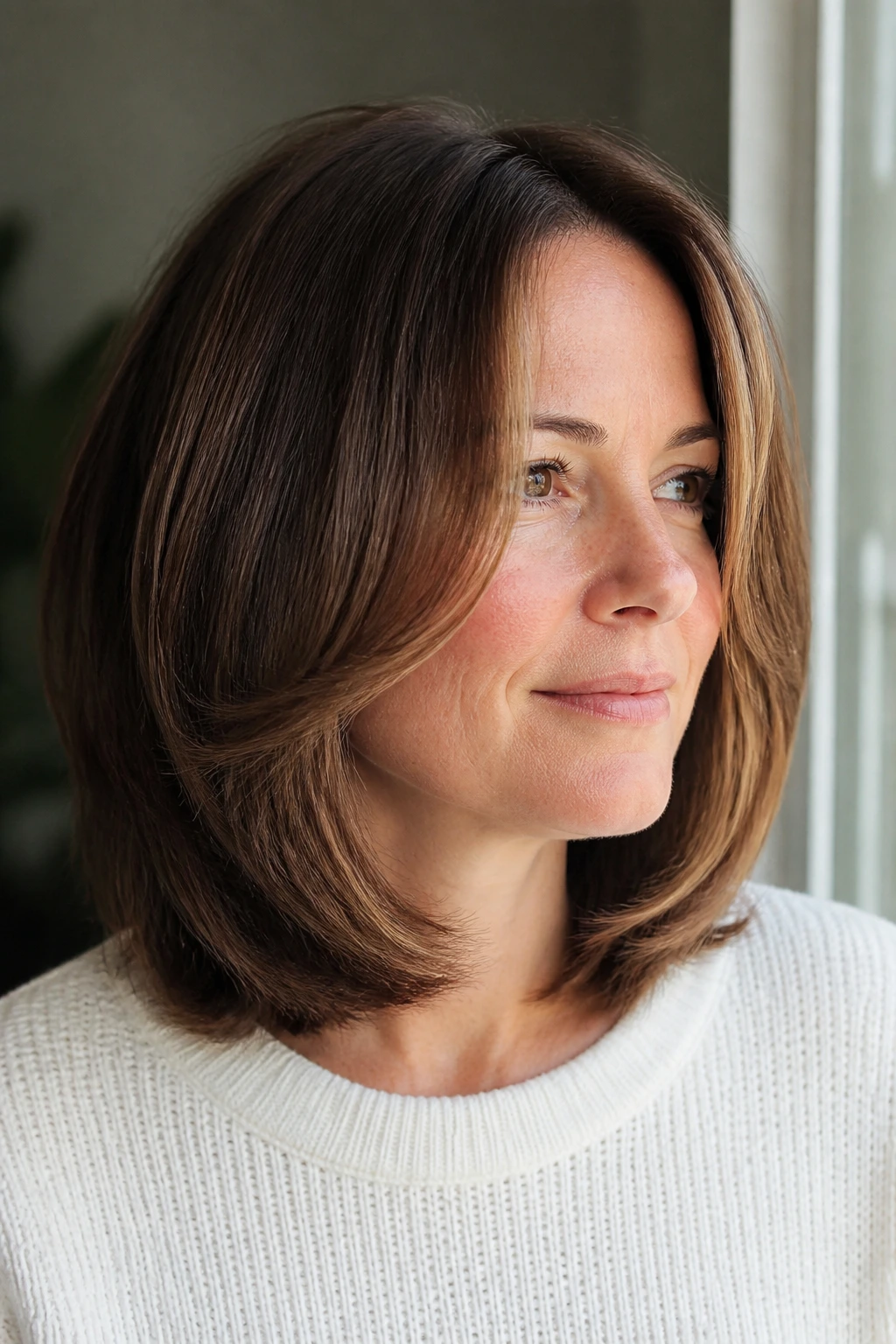 Close-up of a real woman showing a rounded shoulder-length cut with face-framing ends