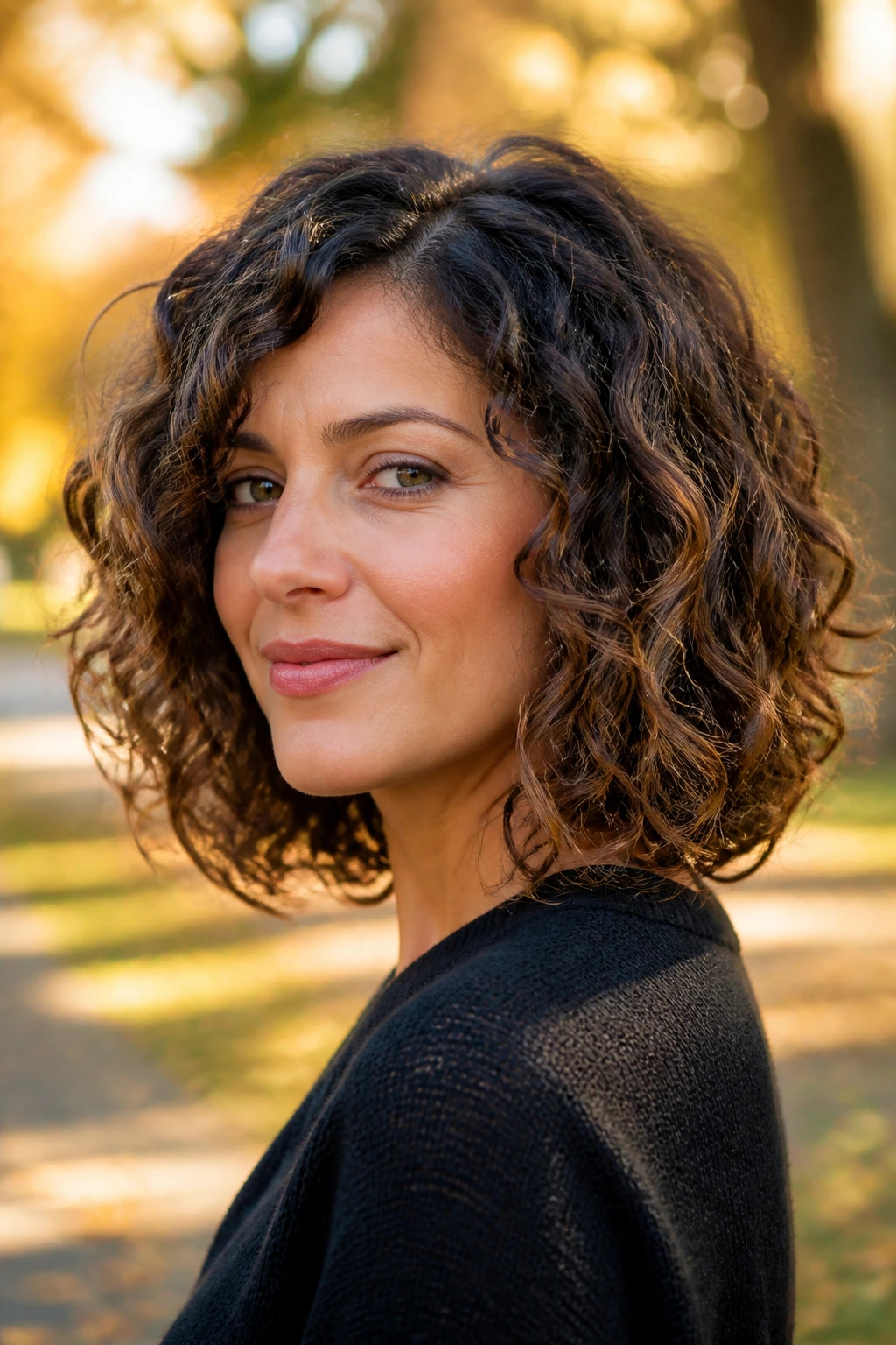 Portrait of woman with rounded shoulder-length curly cut