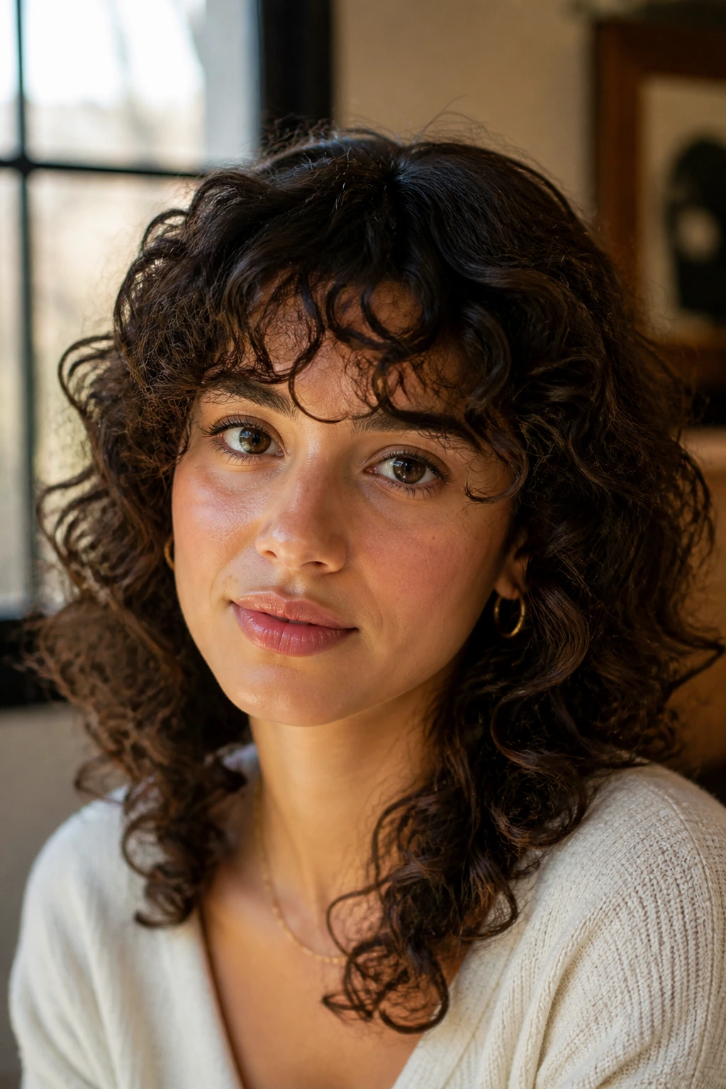 Close-up portrait of a real woman with rounded halo bangs framing the forehead
