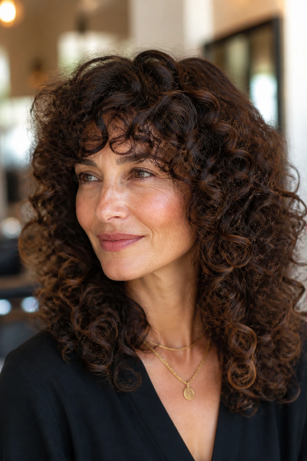 Close-up portrait of a real woman with rounded halo bangs and thick curls