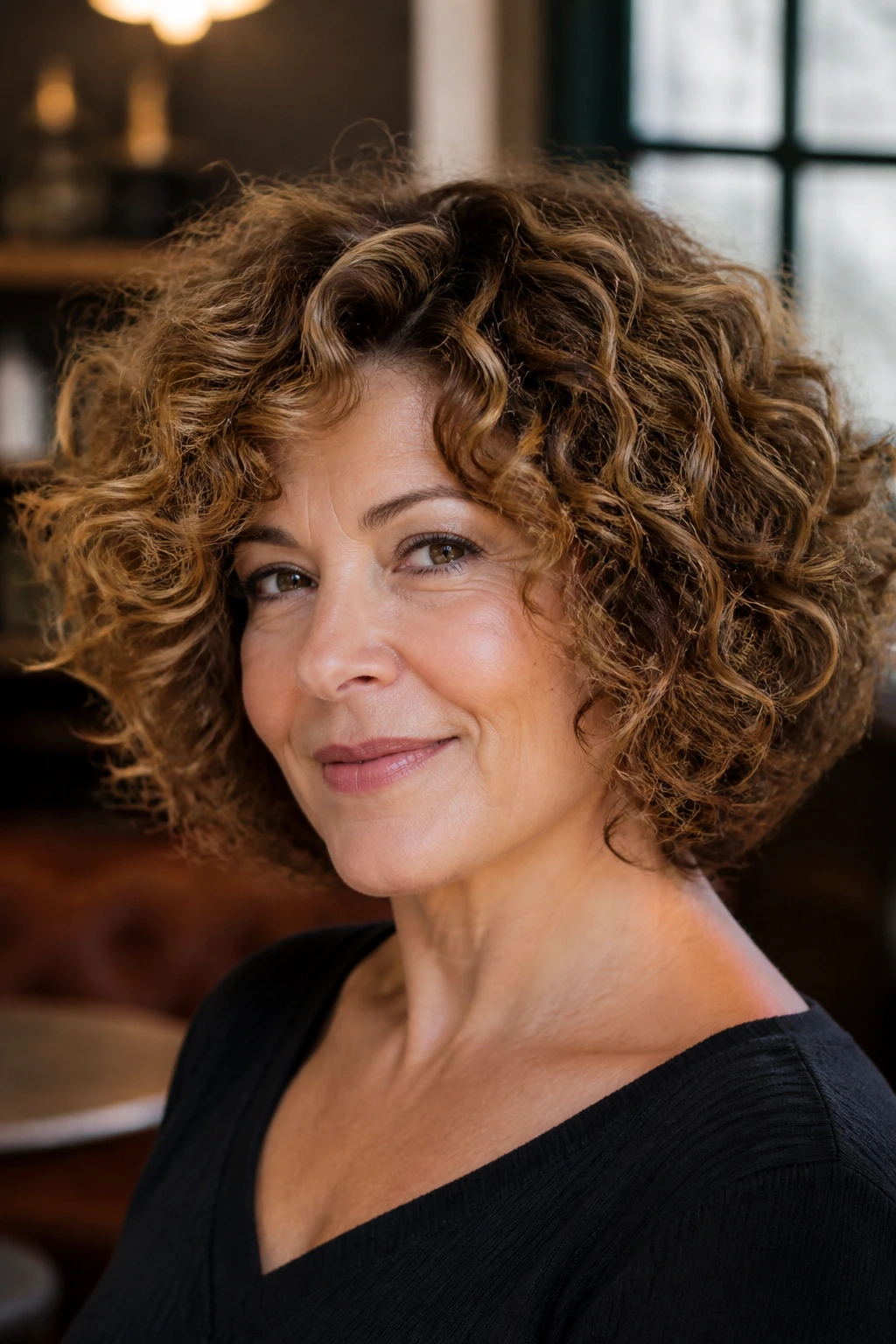 Close-up of a real woman's rounded halo curly hairstyle with chestnut lowlights inside the halo