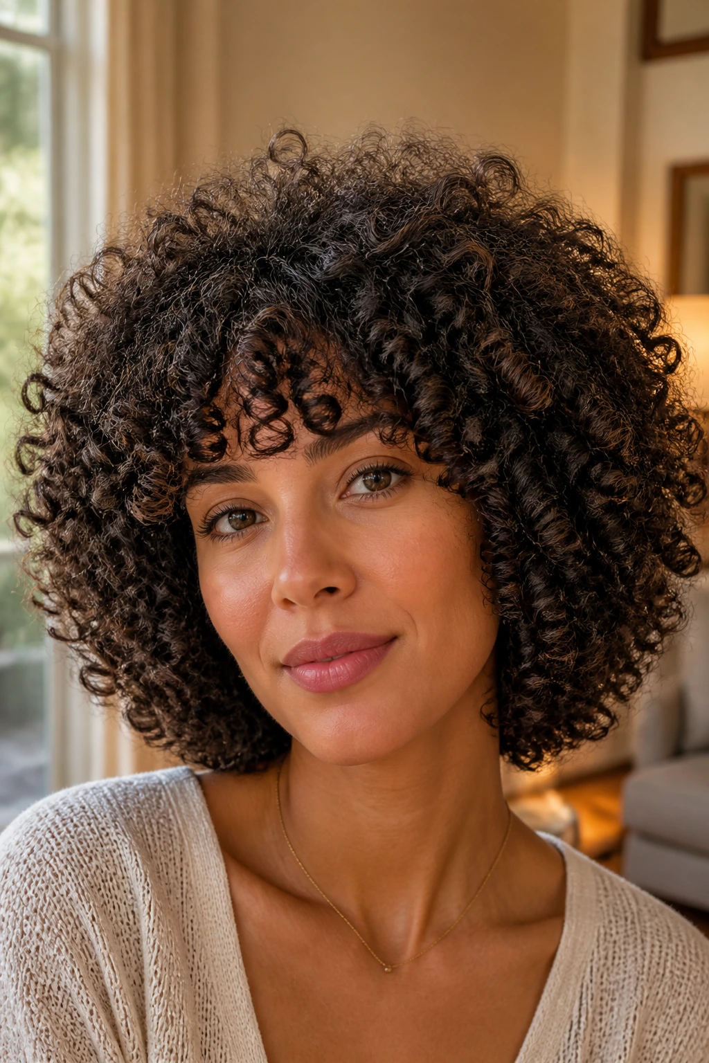 Close-up of a real woman wearing rounded halo layers that distribute volume around the head.