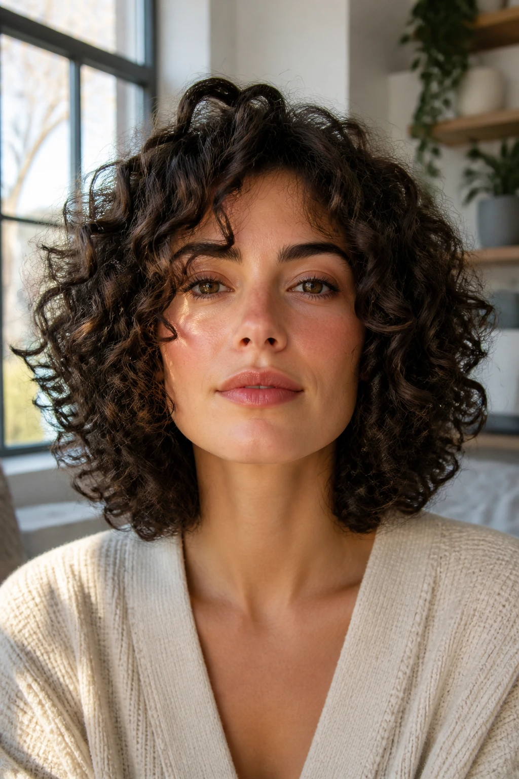 Real person with rounded shoulder-length halo curls