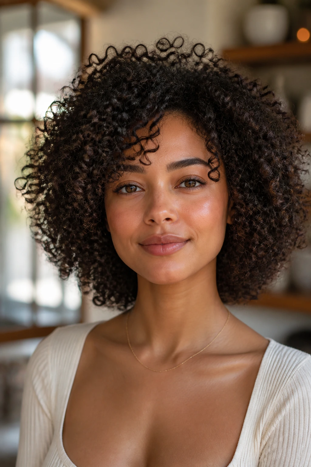 Rounded halo hairstyle on a real person with dense coils