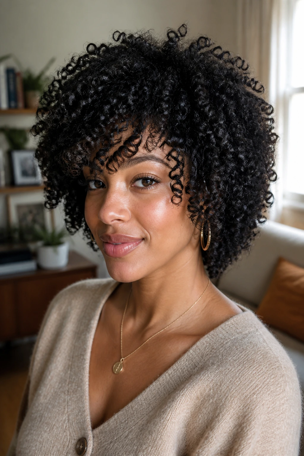 Close-up of real person with rounded halo shag on tight coils