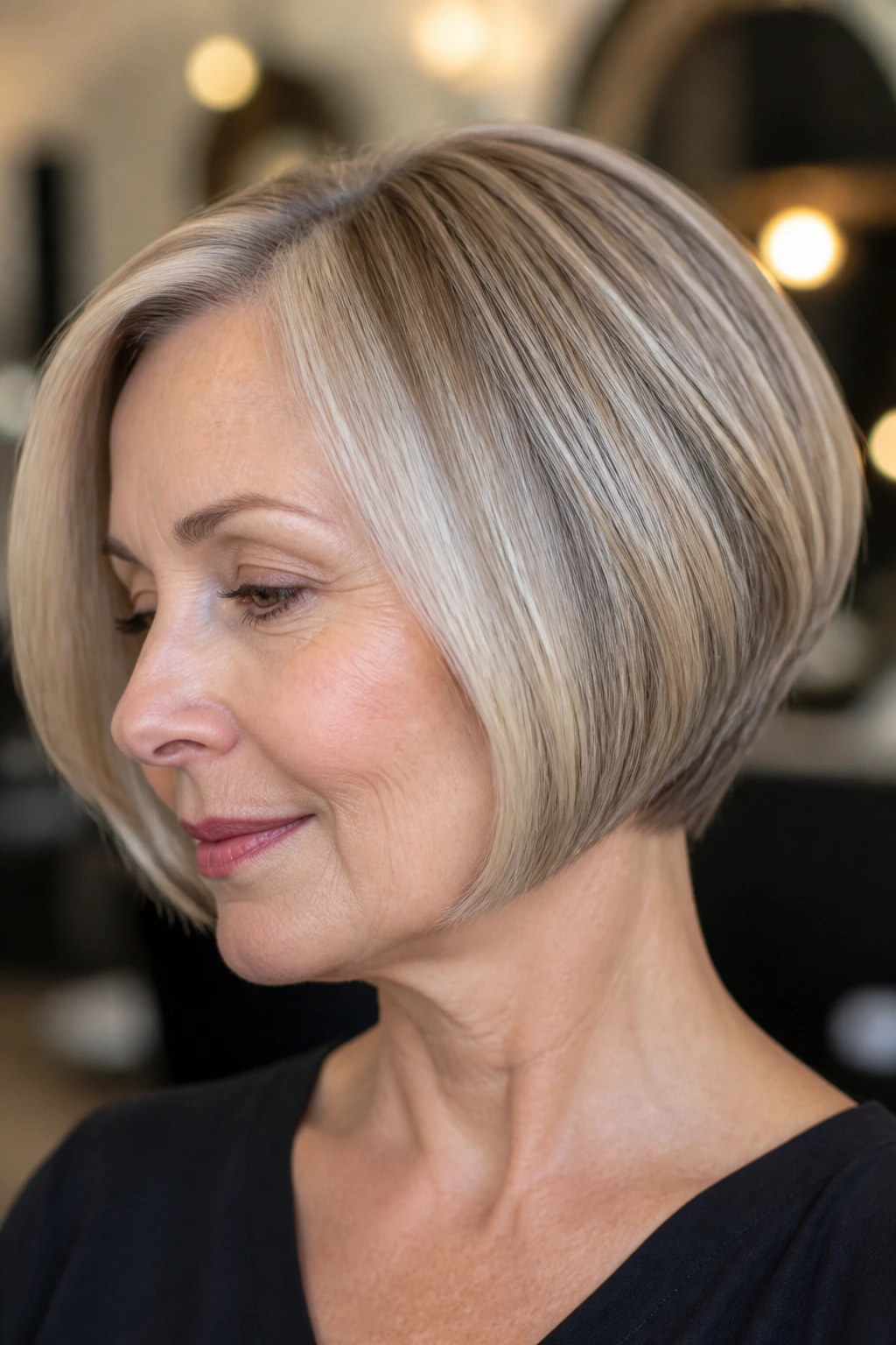 Close-up of a real woman with a rounded inverted bob and polished curve