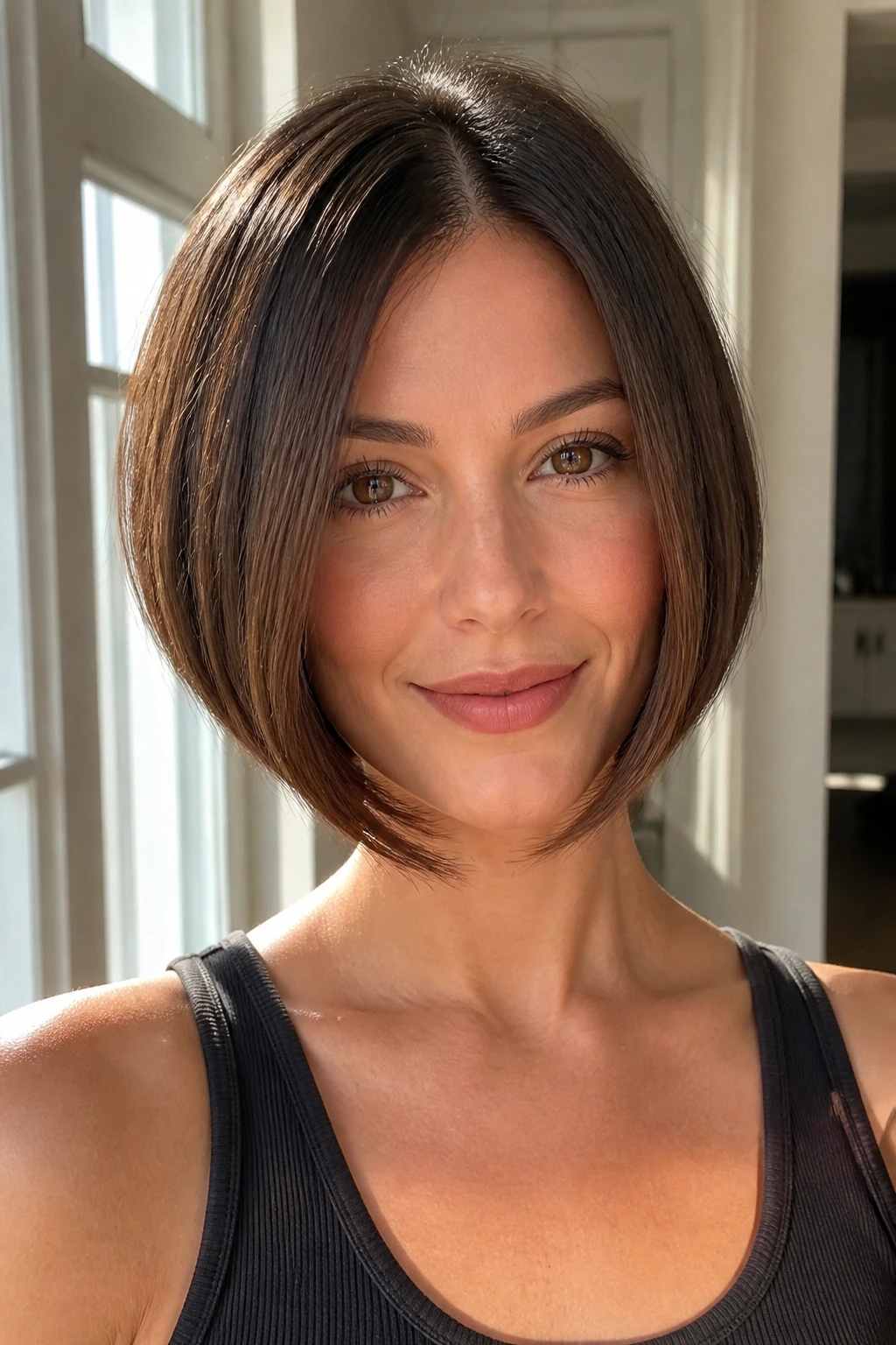 Close-up of a real woman wearing a rounded inverted bob that softens a narrow face.