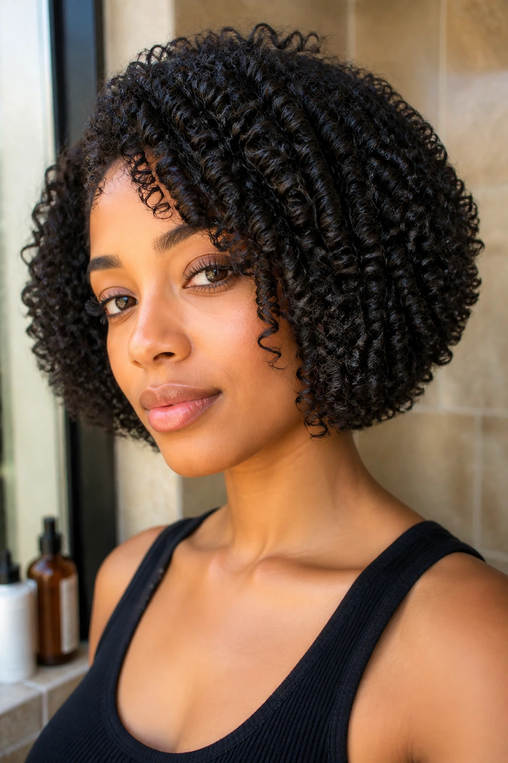 Close-up of a real woman with a rounded inverted bob on tight coils