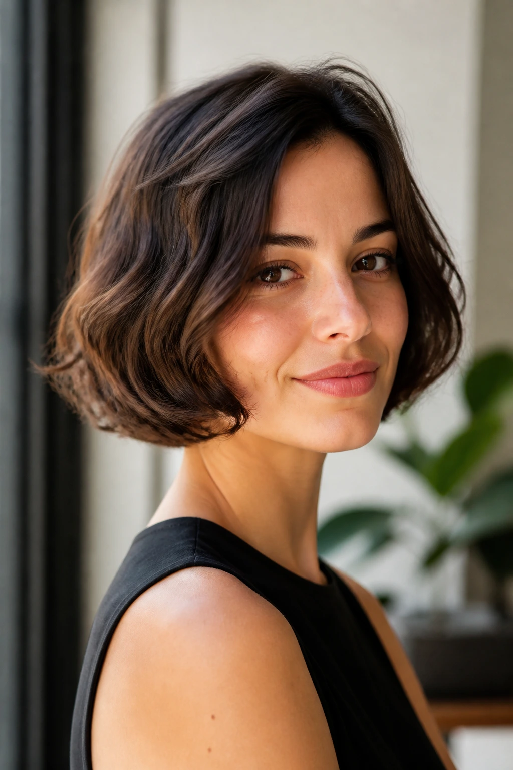 Close-up portrait of a real person with a rounded Italian bob in bright window daylight.