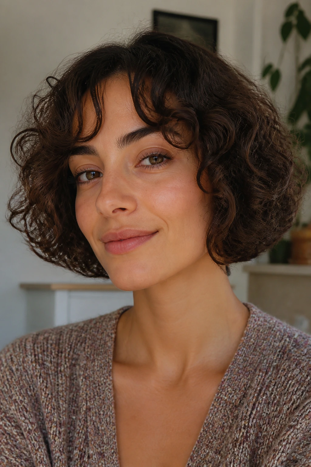 Close-up of a person wearing a rounded jaw-skimming curly bob