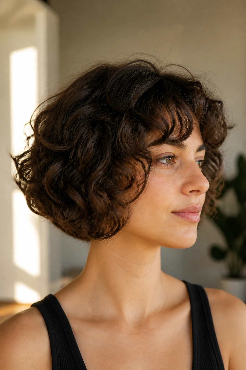 Real person with rounded jawline bob in warm-lit room