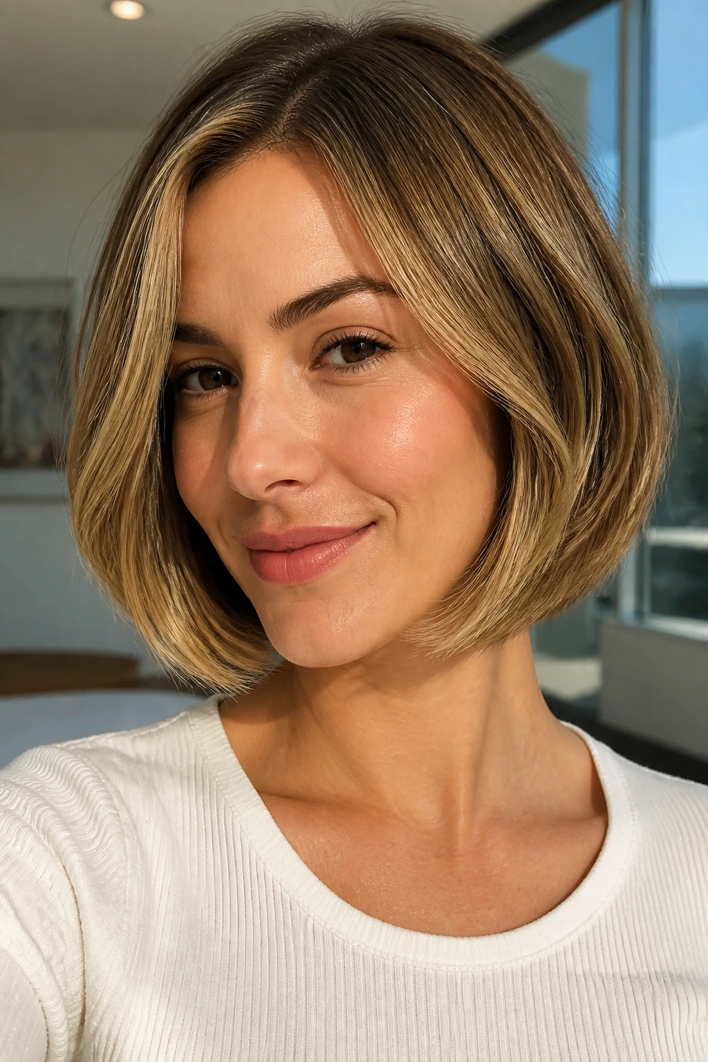 Close-up of a real woman with rounded jawline bob and honey babylights framing the face.