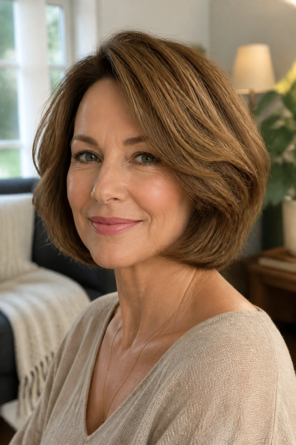 Close-up portrait of a woman with a rounded layered bob.