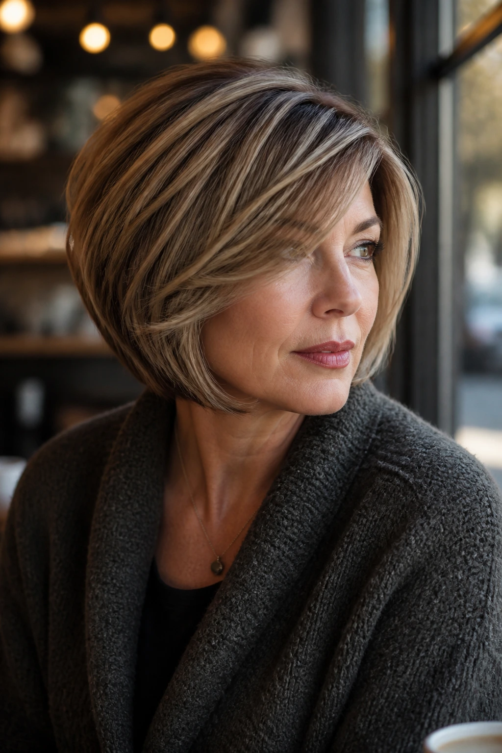Close-up portrait of a real woman with a rounded layered bob and deep side sweep with babylights