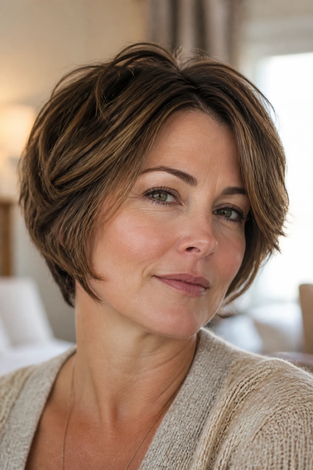 Portrait of a person with a rounded layered crop hairstyle
