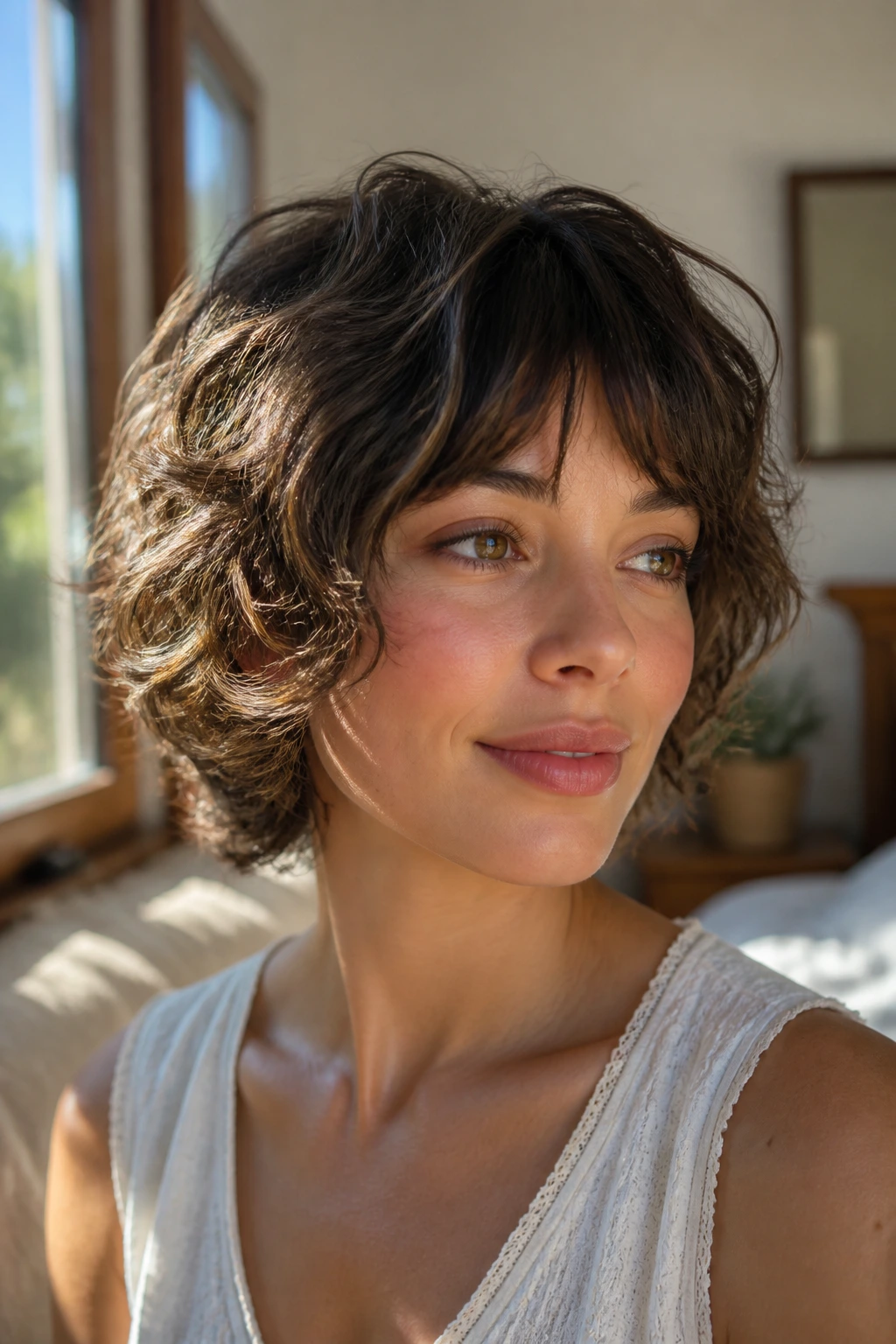Close-up of a real woman with rounded layered crop hairstyle and soft waves in warm window light.