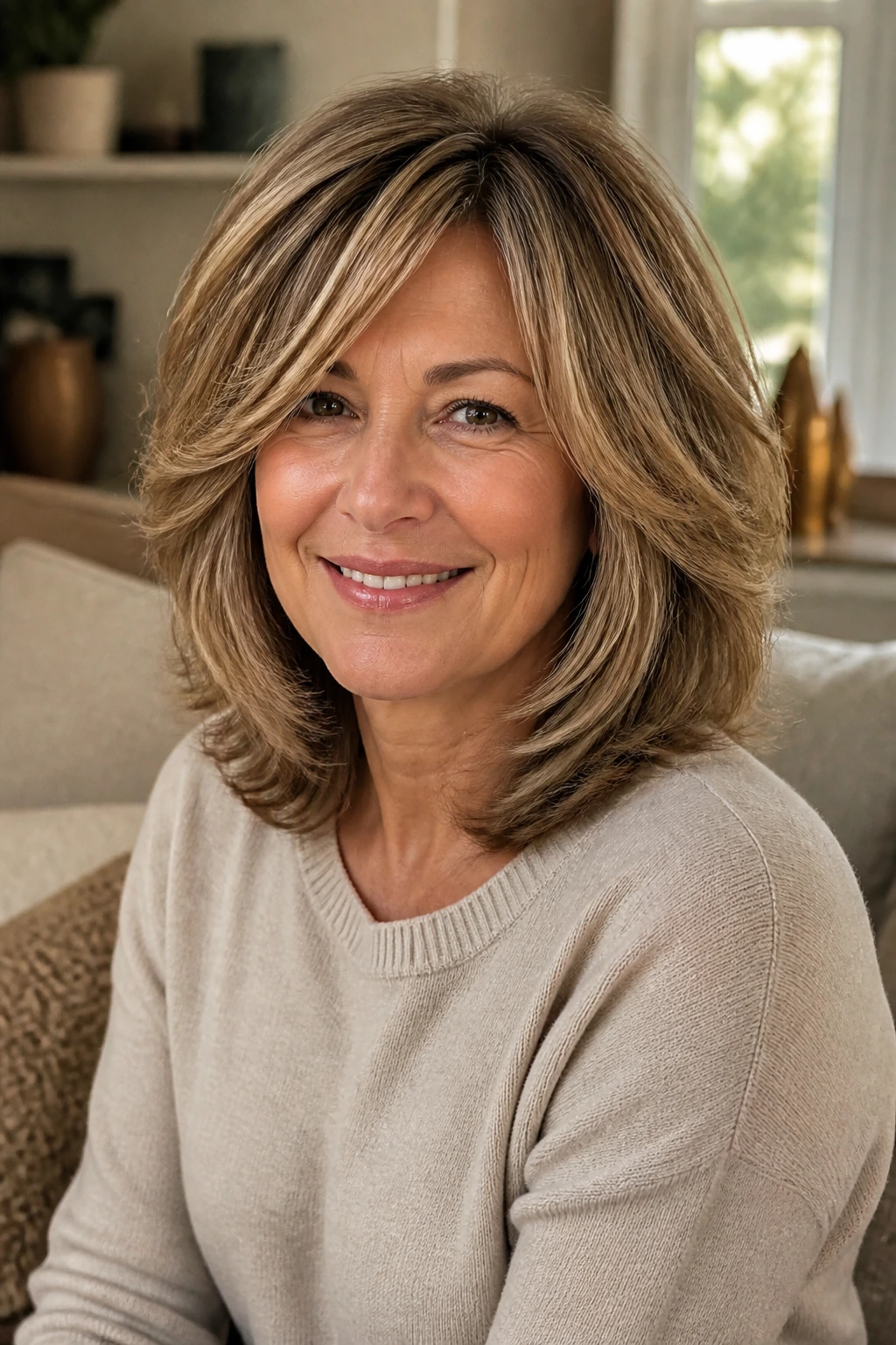 Close-up portrait of a woman with a rounded layered cut and full body volume