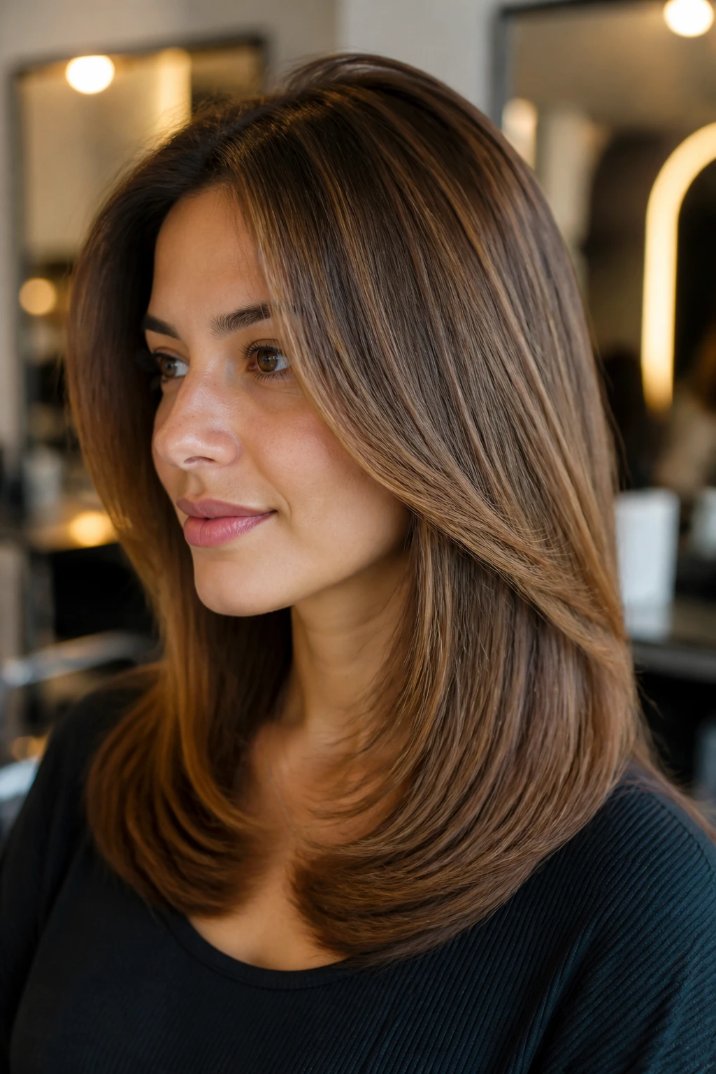 Portrait of woman with rounded layers and smooth blowout showing caramel highlights