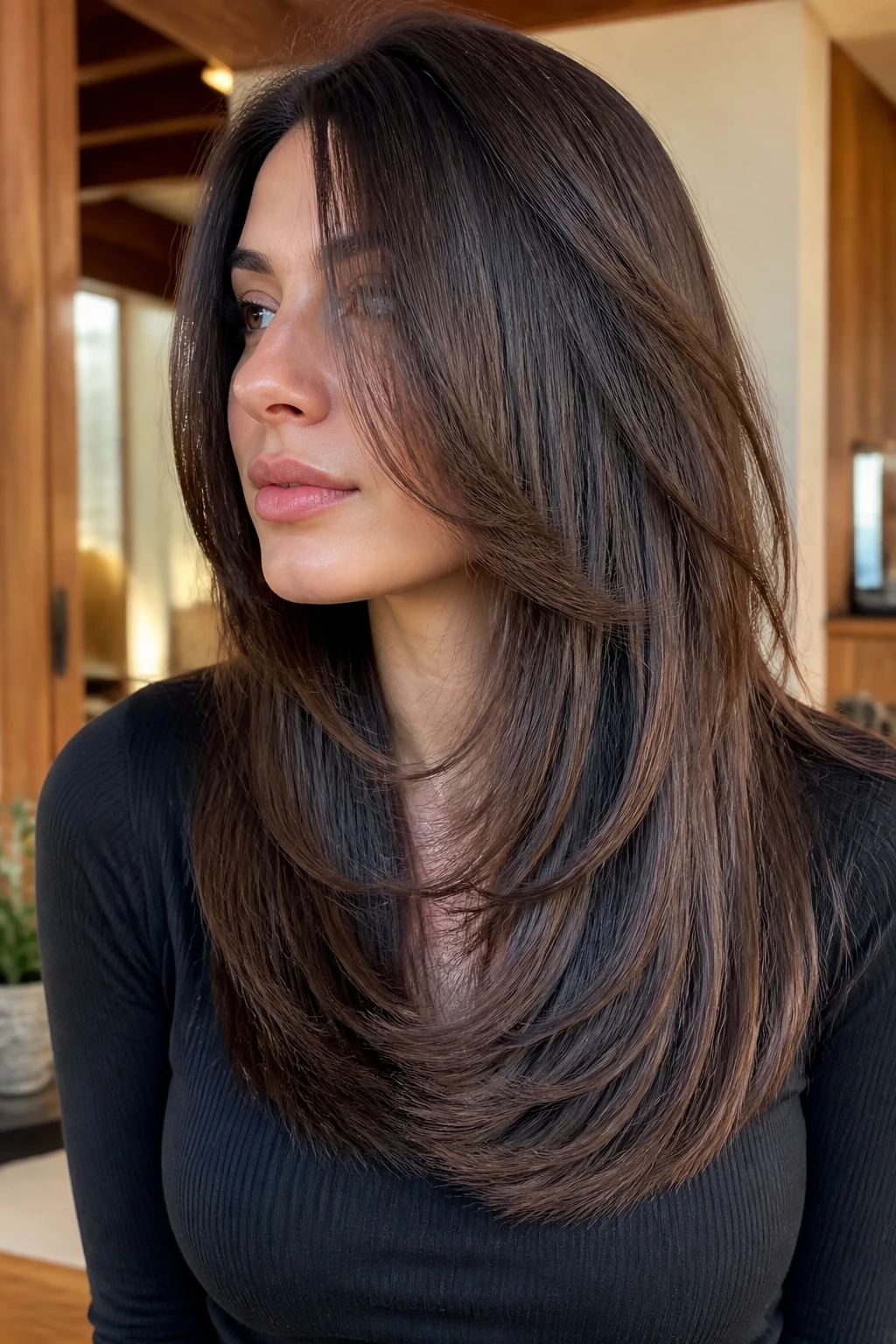 Portrait of a woman with rounded layers and a blunt hem for dense ends
