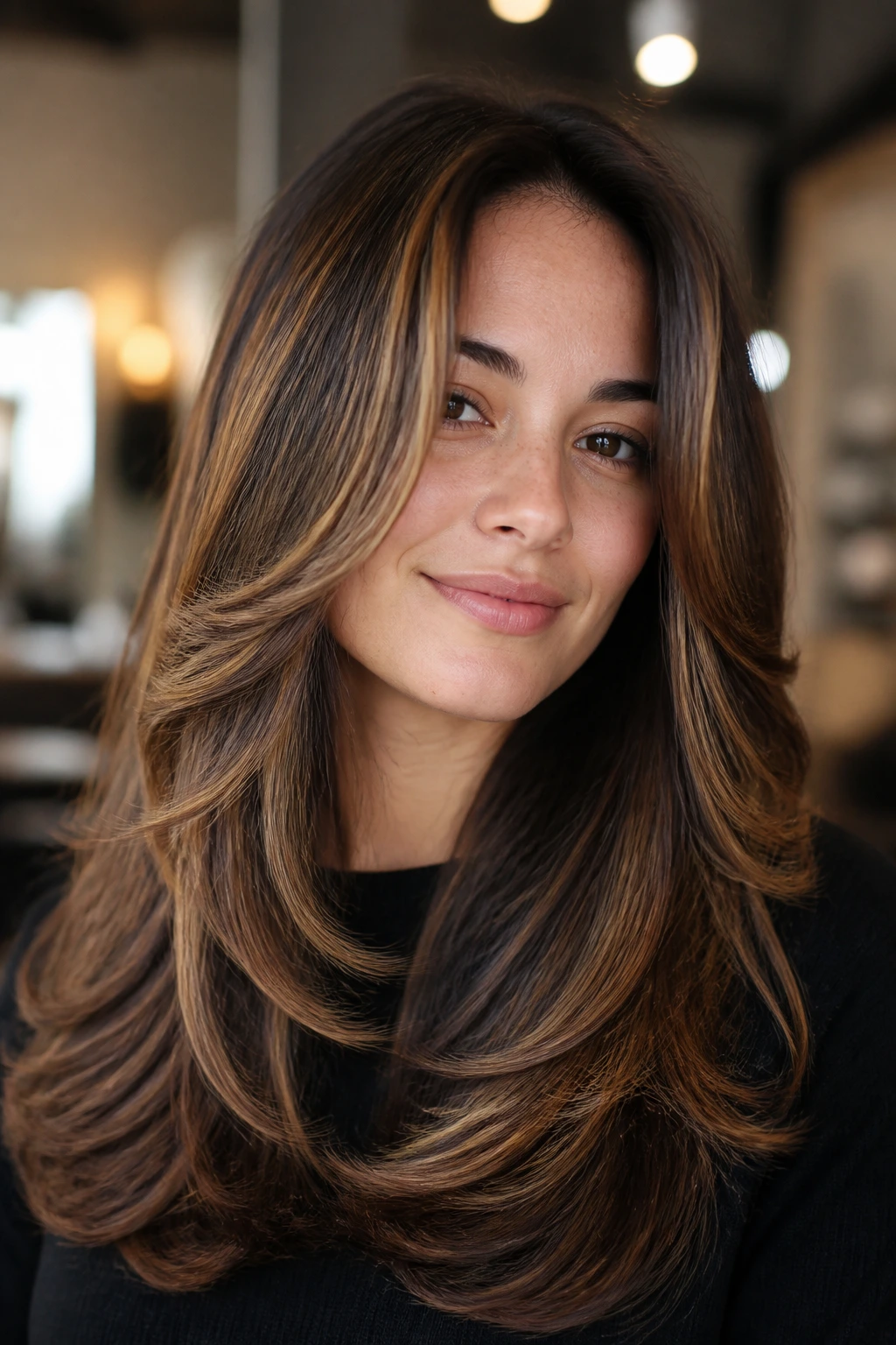 Close-up of a real woman with rounded layers and caramel highlights