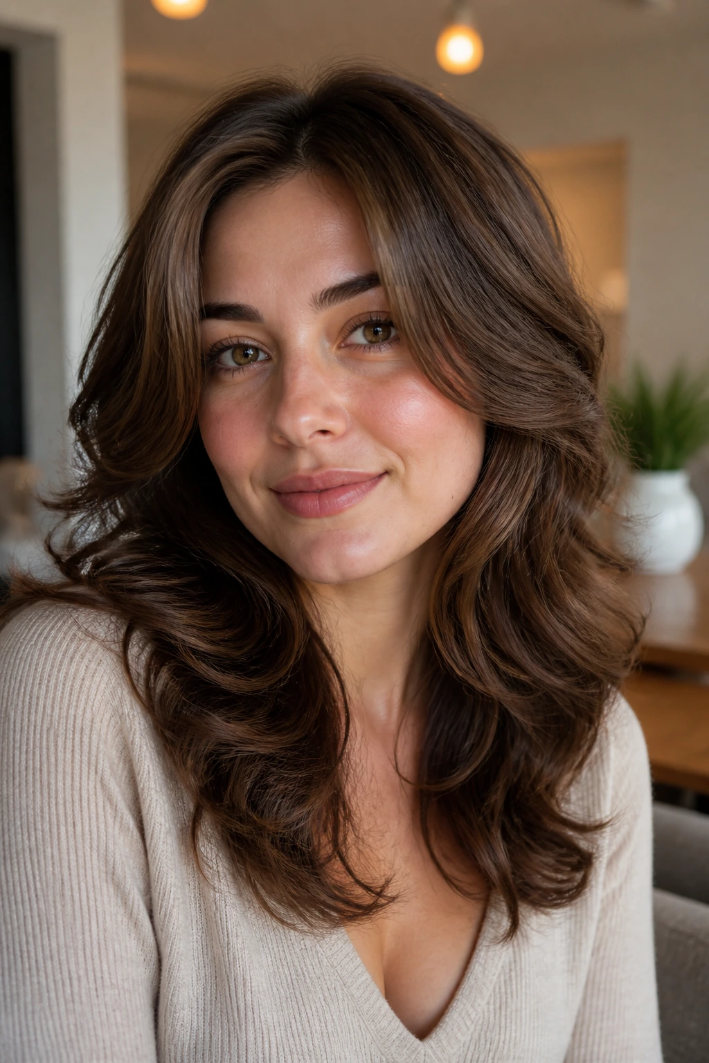 Close-up of a real woman with rounded layers and controlled volume in waves