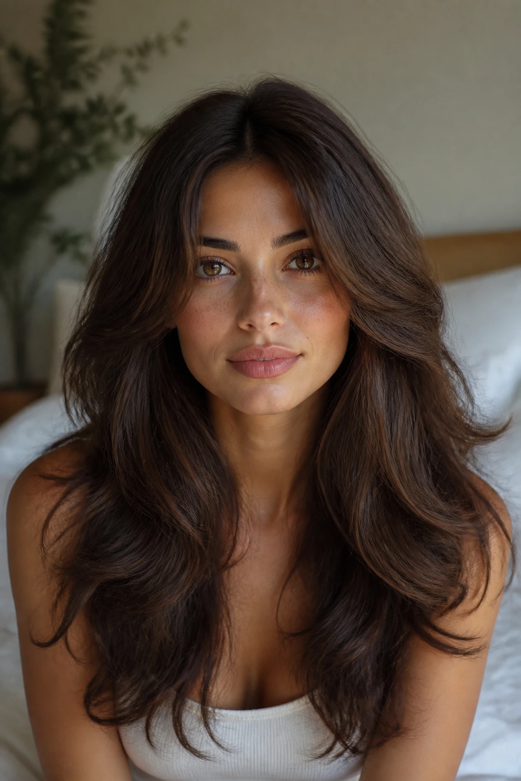Front portrait of real woman with rounded layers forming a soft crown