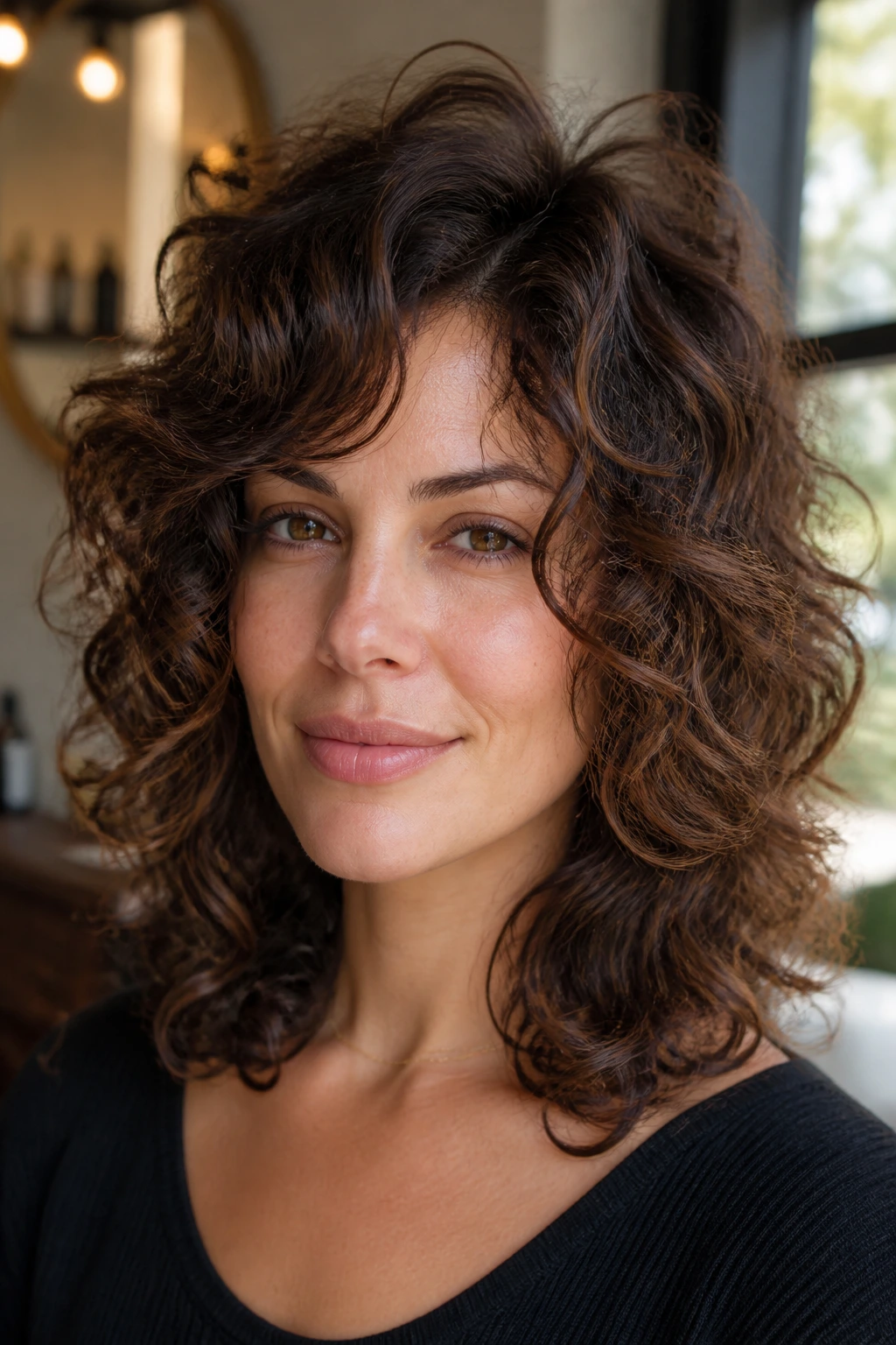 Close-up of a real woman with rounded layers and crown lift hairstyle