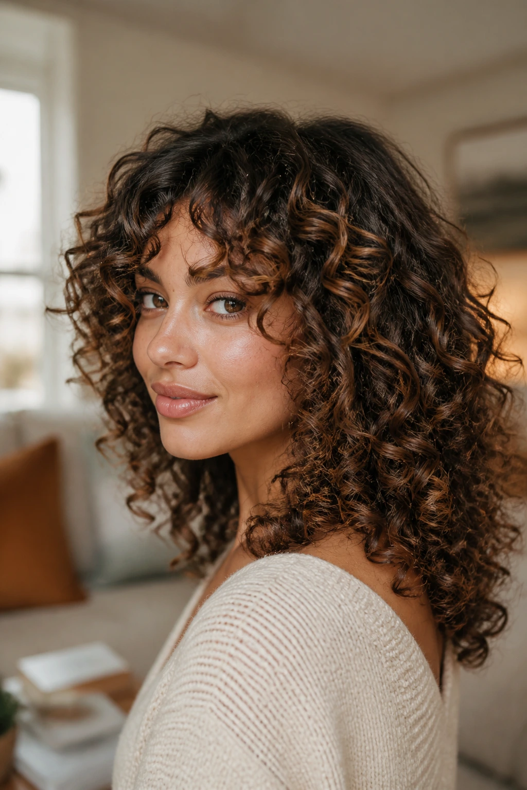 Close-up of a real woman with rounded layers following curl line in natural light