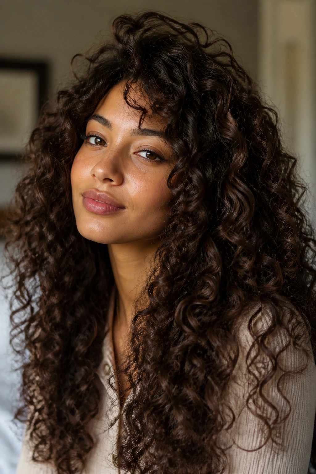 Close-up of long curly hair with rounded layered crown creating lift