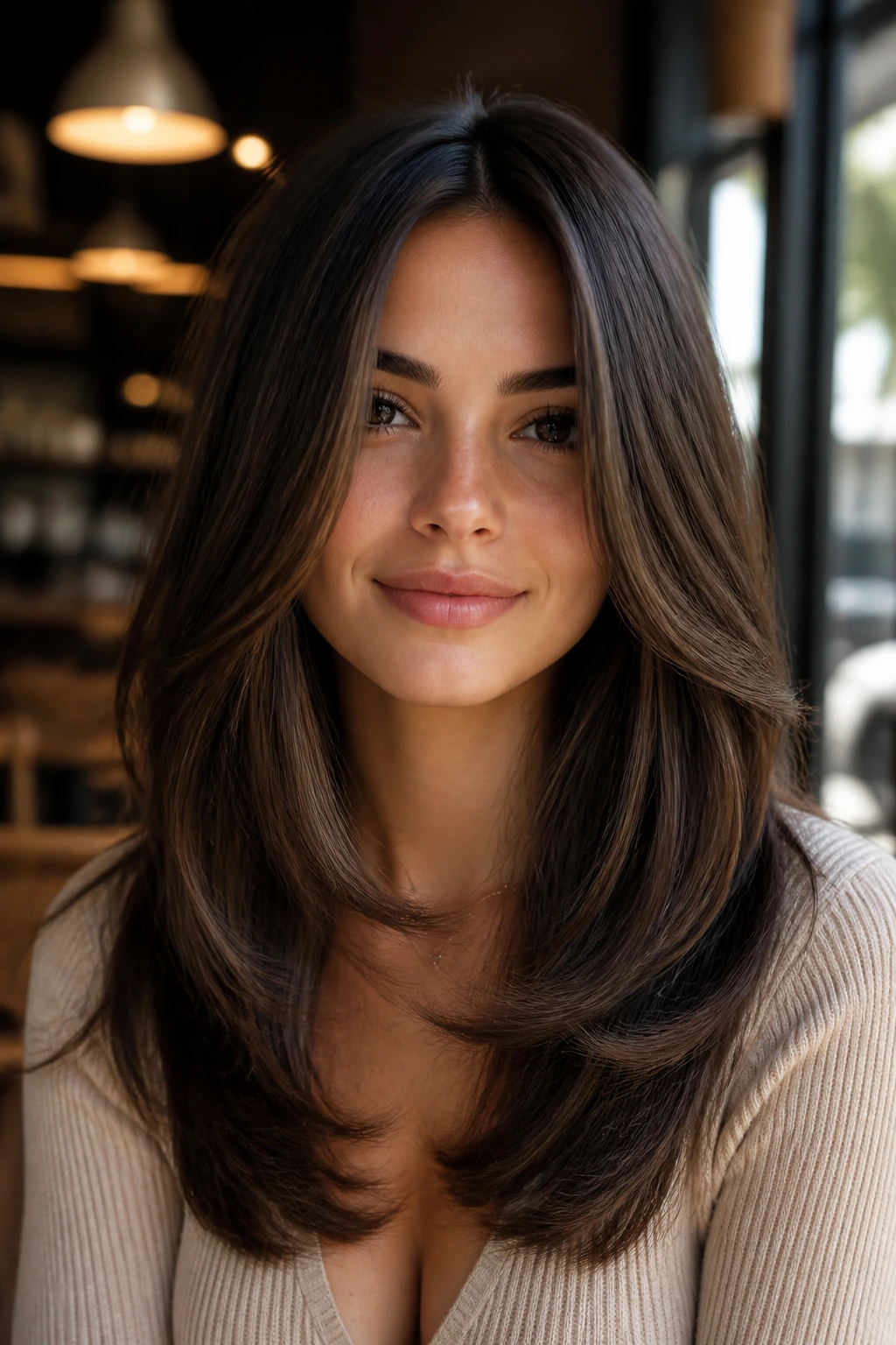 Front portrait of a woman with rounded layers and curved hem framing the jaw.