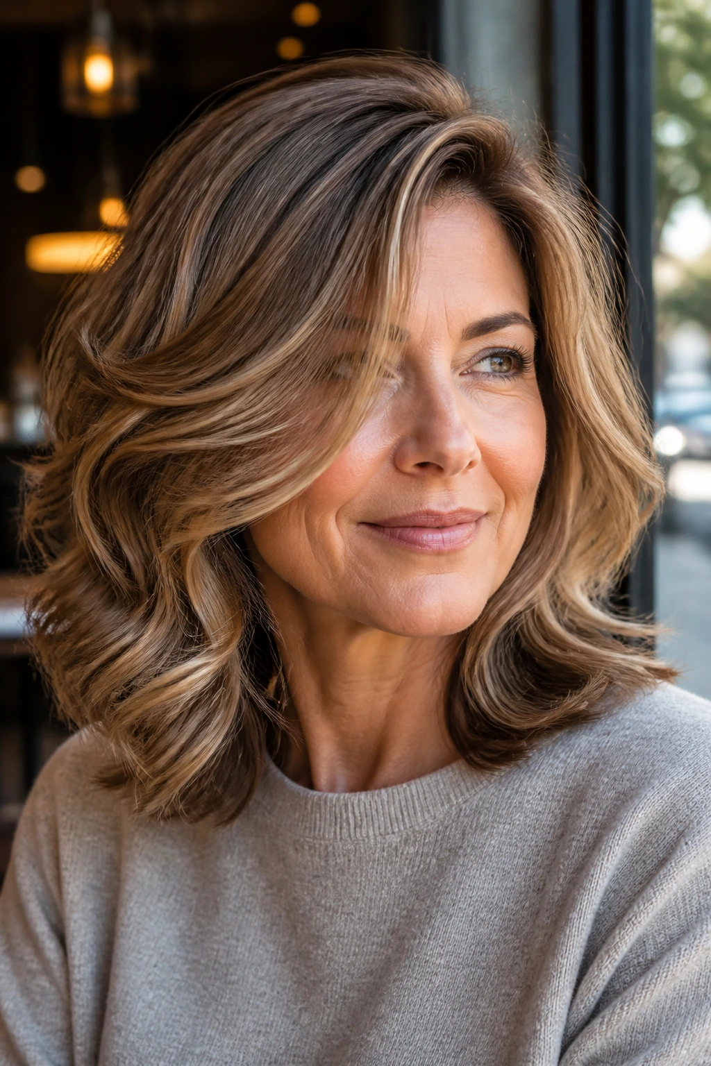 Close-up portrait of a real woman with rounded layers and a deep side part.
