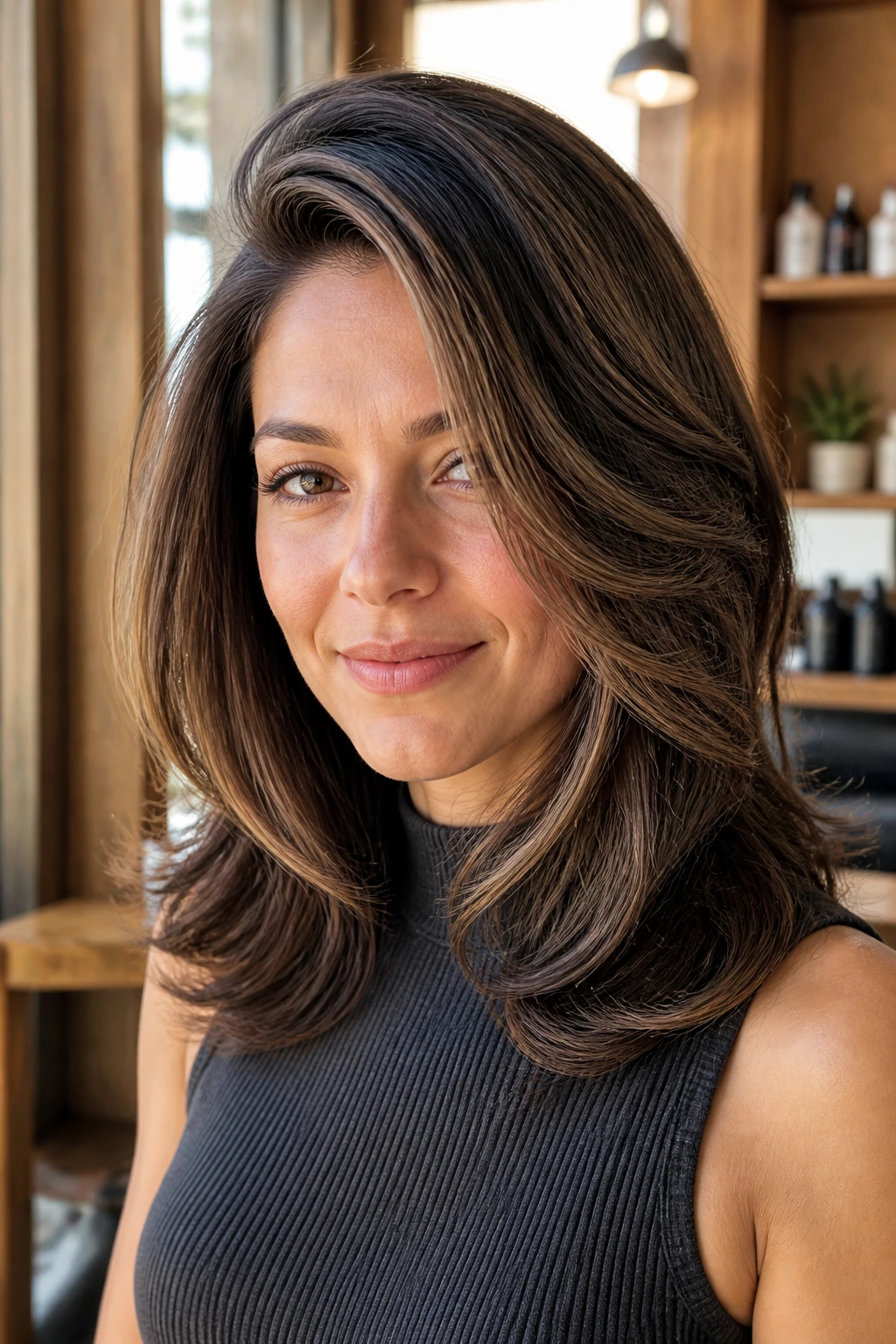 Close-up of rounded layers with deep side part and babylights on a real woman