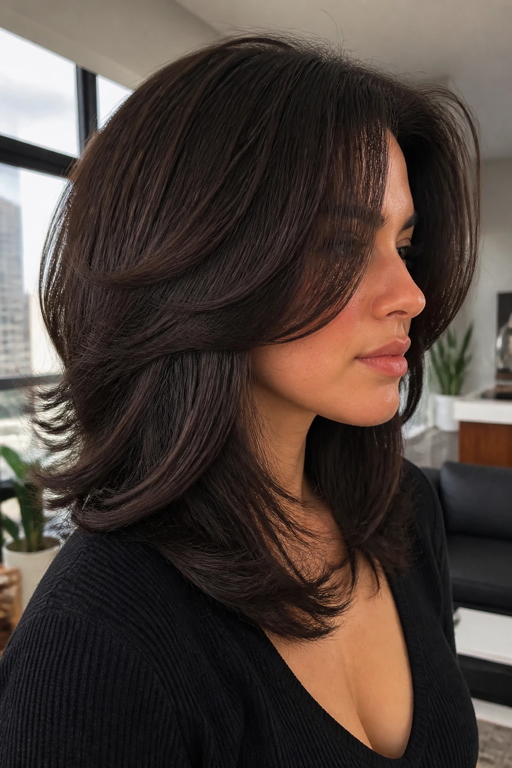 Close-up of a real person with dense thick hair styled with rounded layers