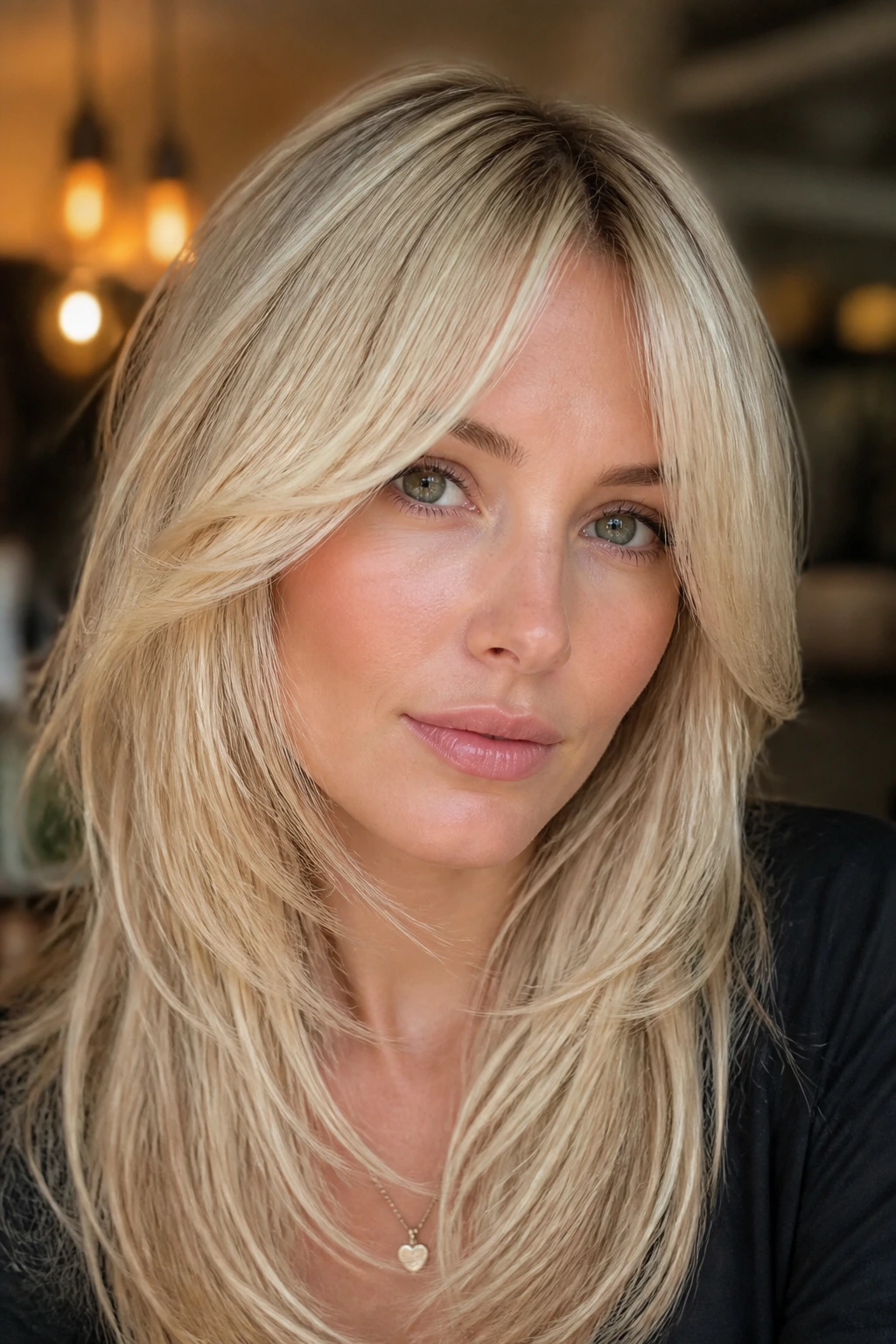 Portrait of a real woman with rounded layers opening the face