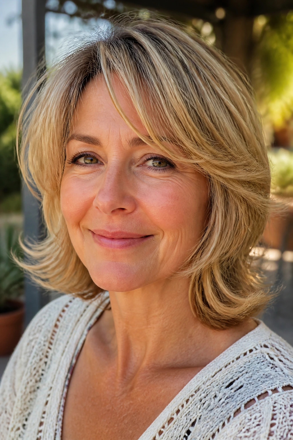 Close-up of a woman with rounded layers and flipped-out tips