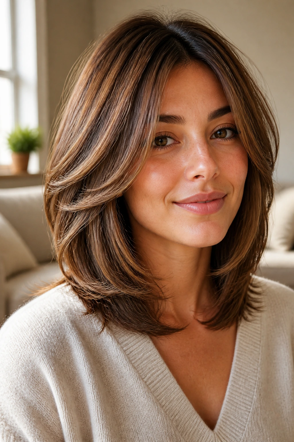Close-up portrait of a woman with rounded layers and soft floating ends on shoulder-length hair
