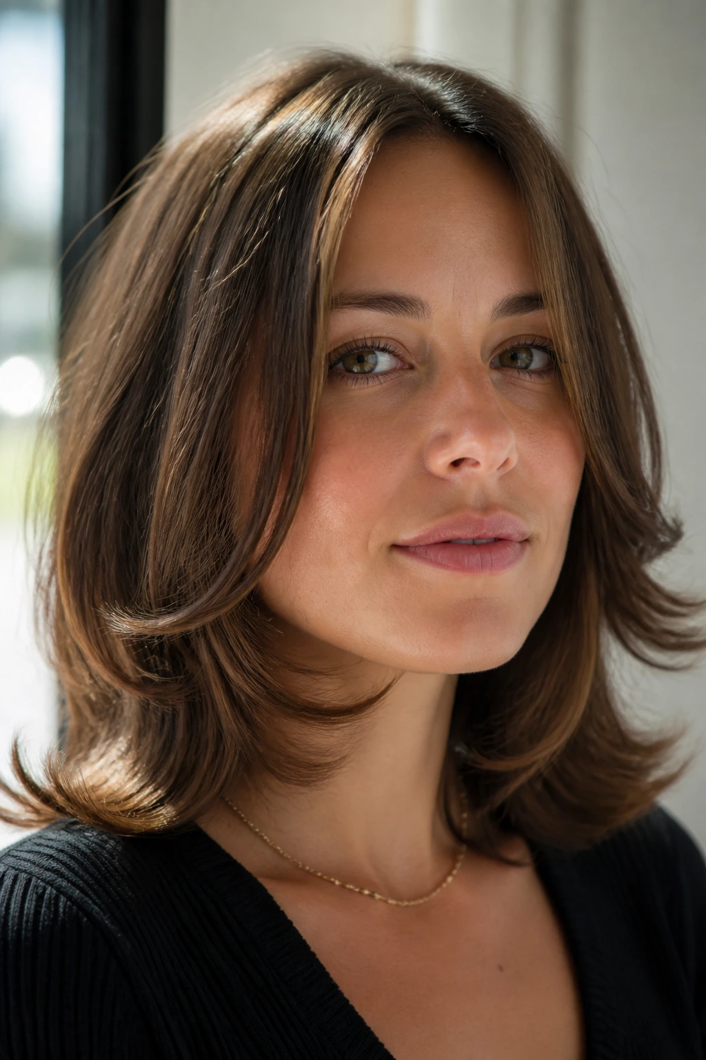 Portrait of a person with rounded layers curling back from the jaw