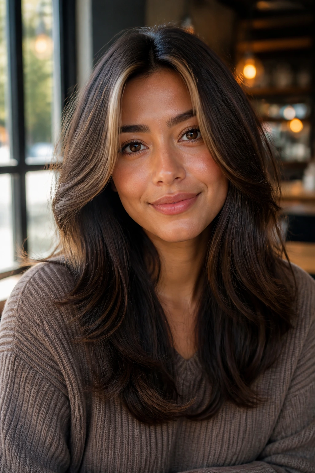 Close-up of a real woman with rounded layers and a money piece in brunette hair