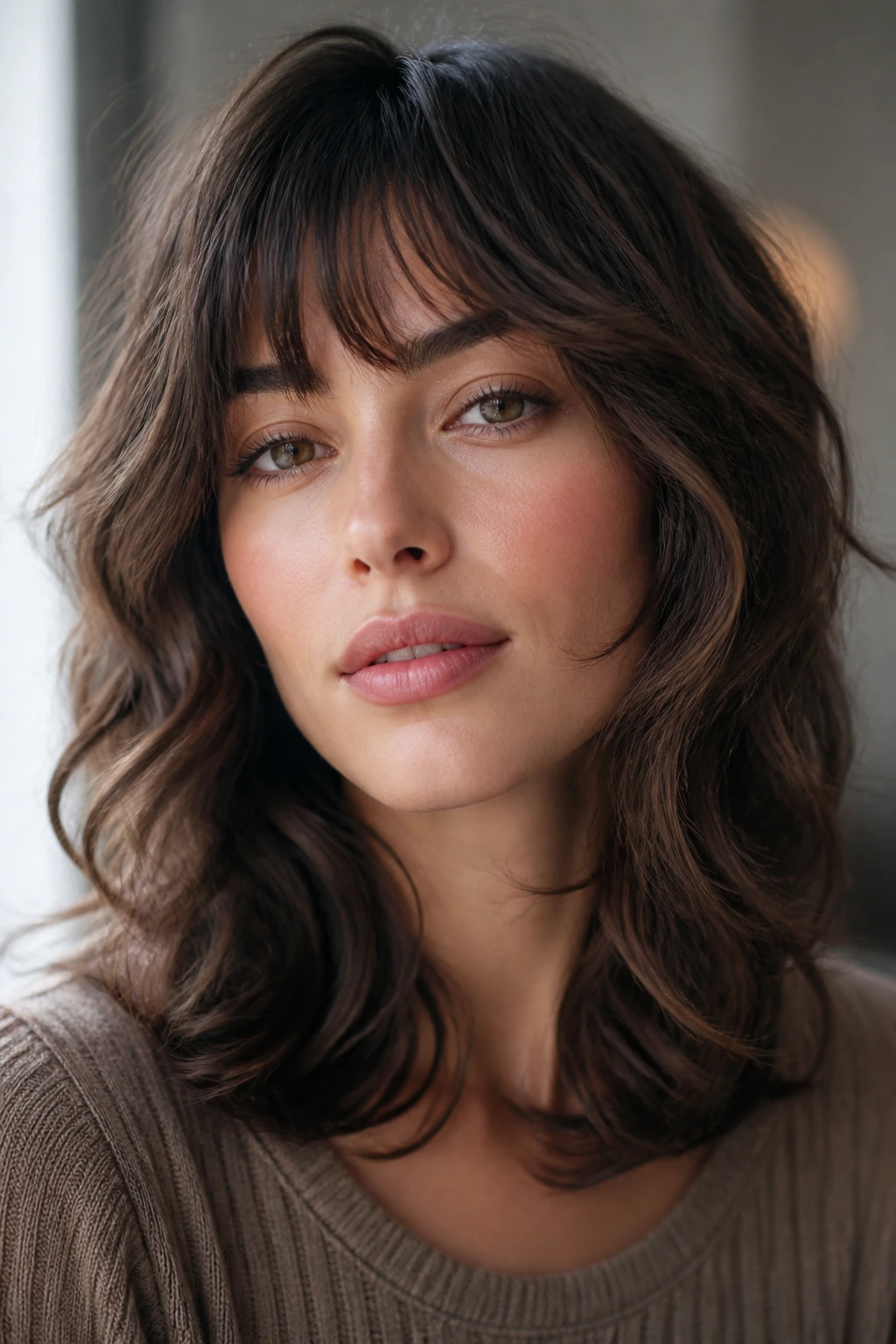 Close-up portrait of a real person with rounded layered bangs on wavy hair, showing movement