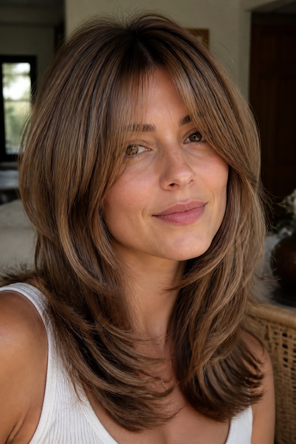 Close-up of rounded layers with mushroom brown lowlights framing the face on a real person