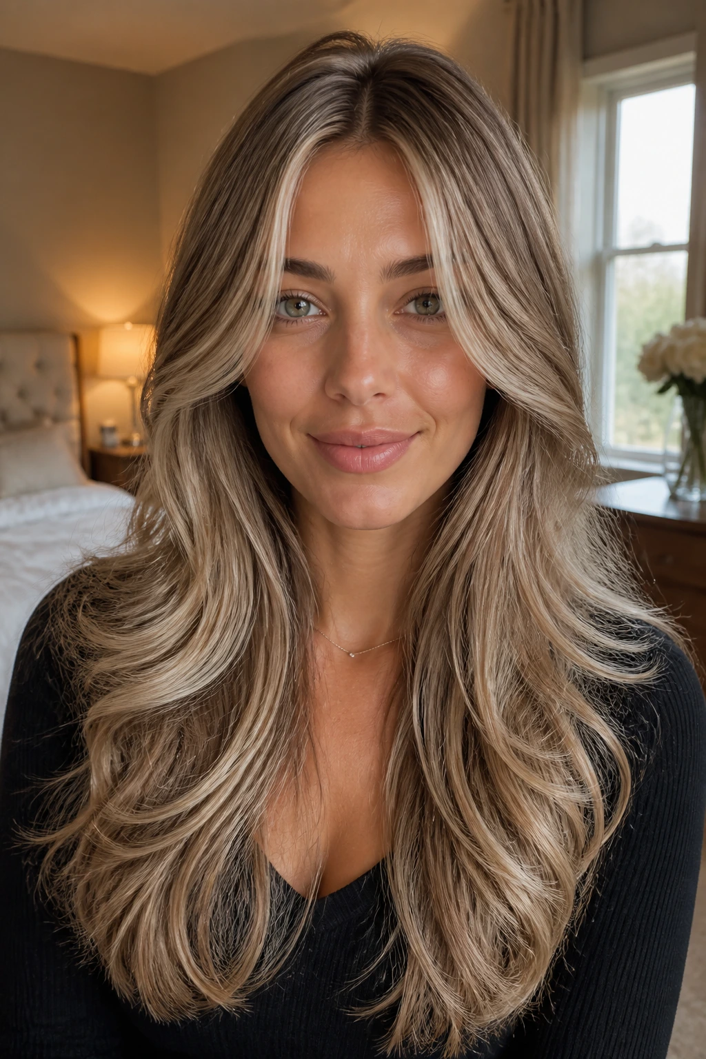 Close-up of a real woman with rounded layers and pearl blonde babylights