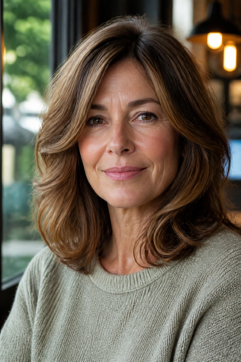 Real woman with rounded shoulder-length layers in natural light