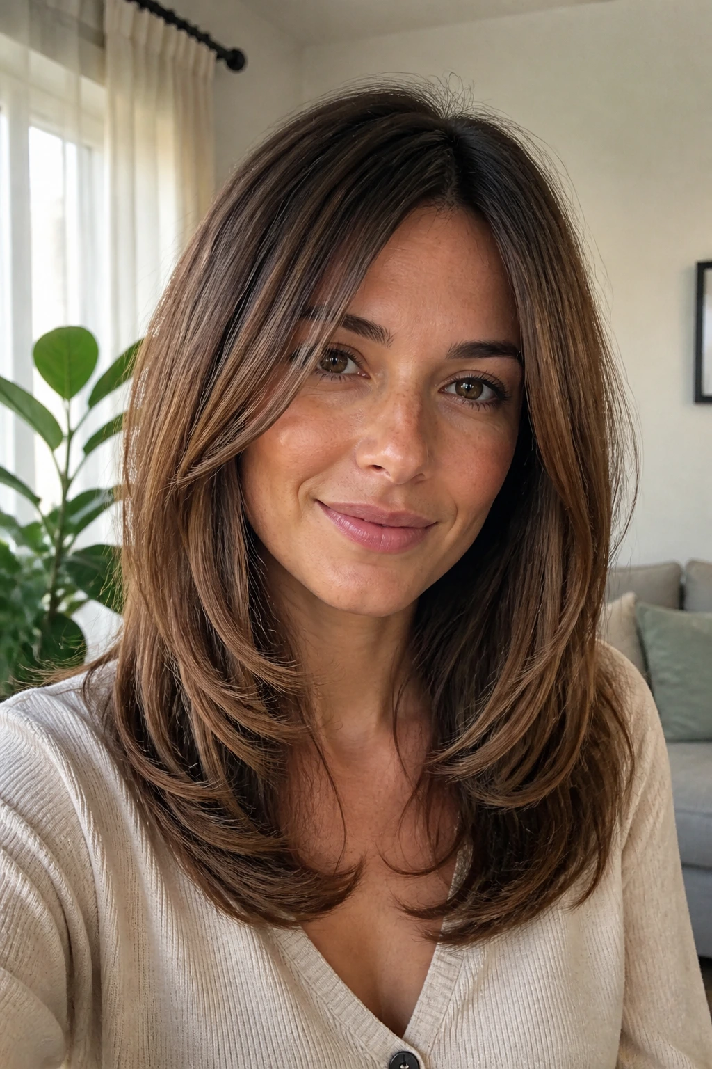 Close-up of real woman with rounded layers softening her facial silhouette
