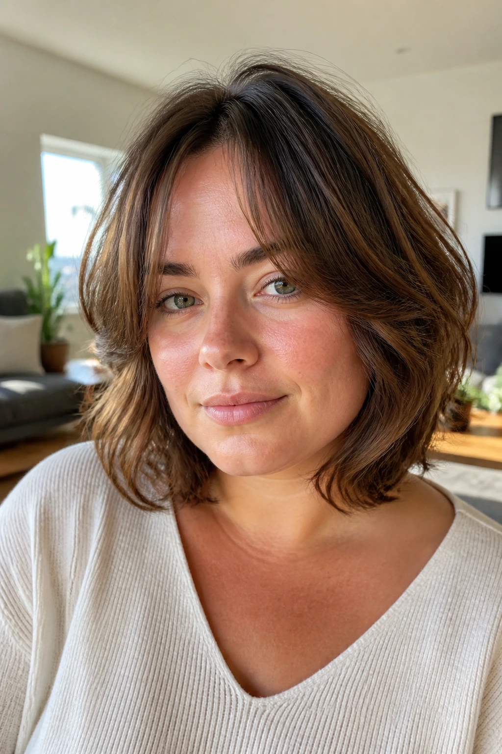 Portrait of woman with rounded layers and soft fringe framing cheeks.